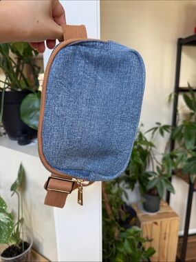 Denim Crossbody Pouch with Tan Trim